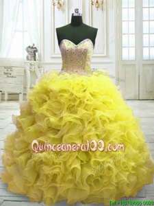 Custom Fit Sweetheart Sleeveless 15 Quinceanera Dress Sweep Train Beading and Ruffles Yellow Organza