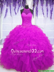 Designer Fuchsia Ball Gowns High-neck Sleeveless Organza Floor Length Lace Up Beading and Ruffles Vestidos de Quinceanera