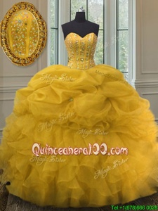 Superior Gold Sleeveless Beading and Ruffles and Pick Ups Floor Length Vestidos de Quinceanera