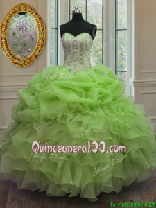 Discount Floor Length Spring Green Sweet 16 Quinceanera Dress Organza Sleeveless Spring and Summer and Fall and Winter Beading and Pick Ups