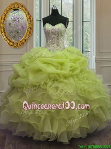 Cute Floor Length Lace Up Quinceanera Gowns Yellow Green and In forMilitary Ball and Sweet 16 and Quinceanera withBeading and Pick Ups