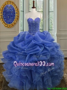 Glorious Blue Sleeveless Organza Lace Up Sweet 16 Quinceanera Dress forMilitary Ball and Sweet 16 and Quinceanera