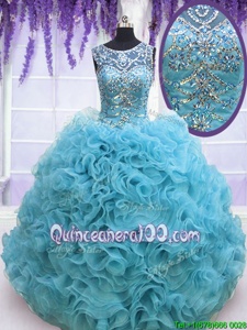 Fantastic Organza Square Sleeveless Lace Up Beading and Ruffles Quinceanera Gown inBaby Blue