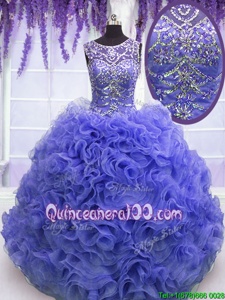 Spectacular Scoop Sleeveless Floor Length Beading and Ruffles Lace Up Sweet 16 Quinceanera Dress with Purple