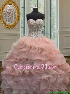 Vintage Organza Sweetheart Sleeveless Lace Up Beading and Ruffles Sweet 16 Dress inPeach