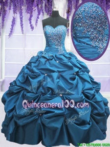 Flare Sweetheart Sleeveless Sweet 16 Dresses Floor Length Beading and Appliques and Pick Ups Teal Taffeta