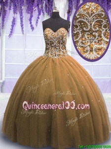 Suitable Tulle Sweetheart Sleeveless Lace Up Beading Sweet 16 Quinceanera Dress inBrown