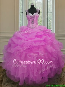 Noble Lilac Straps Neckline Beading and Ruffles Vestidos de Quinceanera Sleeveless Zipper