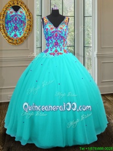 Dramatic Aqua Blue Ball Gowns Beading Quinceanera Dresses Zipper Tulle Sleeveless Floor Length