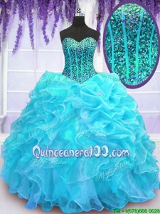 Eye-catching Pick Ups Ball Gowns Sweet 16 Dress Aqua Blue Sweetheart Organza Sleeveless Floor Length Lace Up