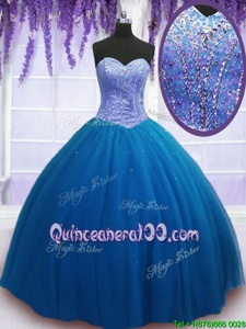 Stunning Teal Lace Up Vestidos de Quinceanera Beading Sleeveless Floor Length