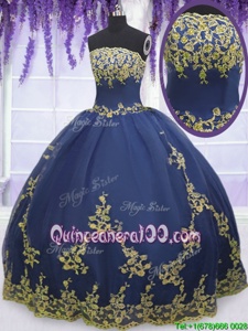 Fine Navy Blue Strapless Zipper Appliques Quinceanera Dress Sleeveless