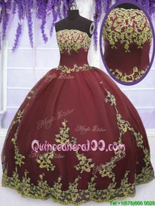 Popular Tulle Strapless Sleeveless Zipper Appliques 15 Quinceanera Dress inBurgundy