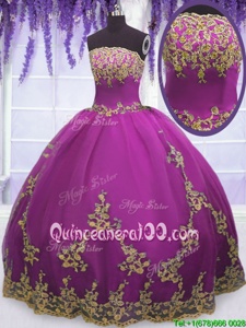 Designer Fuchsia Zipper Strapless Appliques Quinceanera Dress Tulle Sleeveless