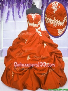 New Arrival Sleeveless Floor Length Appliques and Pick Ups Lace Up Sweet 16 Dresses with Orange Red