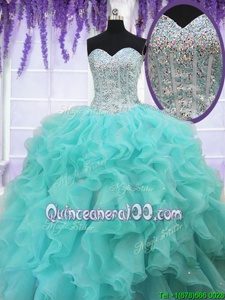 Wonderful Organza Sweetheart Sleeveless Lace Up Ruffles and Sequins Vestidos de Quinceanera inAqua Blue