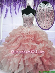 Organza Sweetheart Sleeveless Lace Up Beading and Ruffles 15th Birthday Dress inWatermelon Red