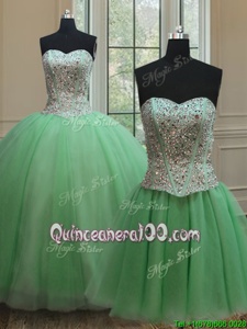 Three Piece Spring Green Sleeveless Beading Floor Length Quinceanera Dresses