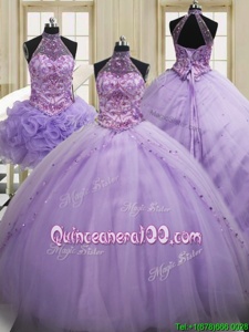 Sweet Three Piece Lavender Halter Top Neckline Sequins Quinceanera Dress Sleeveless Lace Up