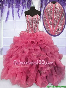 Admirable Pink Sleeveless Organza Lace Up Ball Gown Prom Dress forMilitary Ball and Sweet 16 and Quinceanera