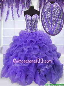 Cute Lavender Lace Up Sweetheart Beading and Ruffles Sweet 16 Dresses Organza Sleeveless