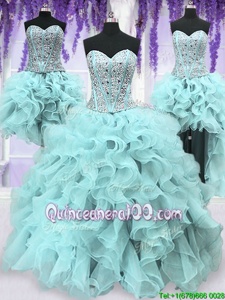 Elegant Four Piece Sweetheart Sleeveless Vestidos de Quinceanera Floor Length Ruffles and Sequins Light Blue Organza