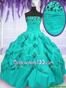 Pick Ups Floor Length Aqua Blue Ball Gown Prom Dress Strapless Sleeveless Lace Up