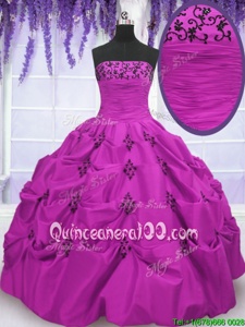 Classical Fuchsia Strapless Neckline Embroidery and Pick Ups Quince Ball Gowns Sleeveless Lace Up