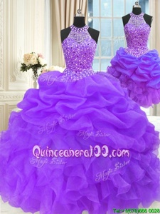 Deluxe Three Piece Sleeveless Beading and Pick Ups Lace Up Quinceanera Gown