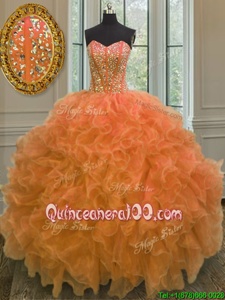 Flirting Sweetheart Sleeveless Quince Ball Gowns Floor Length Beading and Ruffles Orange Organza