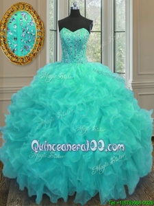 Sweetheart Sleeveless Organza Quinceanera Gowns Beading and Ruffles Lace Up