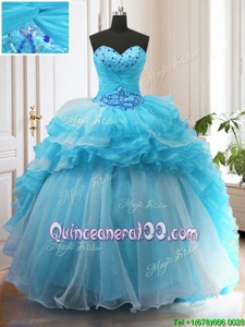 Fabulous Organza Sweetheart Sleeveless Sweep Train Lace Up Beading and Ruffled Layers Sweet 16 Dresses inBaby Blue