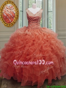 Shining Orange Red Sleeveless Beading and Ruffles Floor Length Sweet 16 Quinceanera Dress