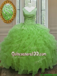 Graceful Yellow Green Organza Zipper V-neck Sleeveless Floor Length Vestidos de Quinceanera Beading and Ruffles