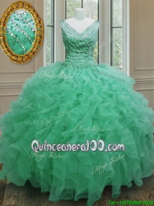 Simple Apple Green V-neck Zipper Beading and Ruffles Quinceanera Dresses Sleeveless