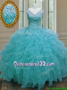 Floor Length Ball Gowns Sleeveless Aqua Blue Quinceanera Gowns Zipper