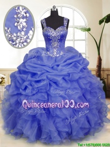 Simple Purple Organza Zipper Straps Sleeveless Floor Length Vestidos de Quinceanera Beading and Ruffles and Pick Ups