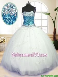 Blue And White Lace Up Sweet 16 Dresses Beading Sleeveless Floor Length