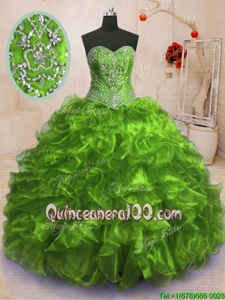 Fashion Yellow Green Lace Up Sweetheart Beading and Ruffles Sweet 16 Dress Organza Sleeveless Sweep Train