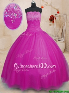 Admirable Fuchsia Sleeveless Beading Floor Length Quince Ball Gowns