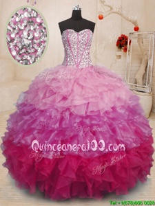 Sumptuous Beading and Ruffles 15th Birthday Dress Multi-color Lace Up Sleeveless Floor Length