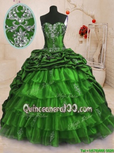 Great Sleeveless With Train Beading and Appliques and Ruffled Layers and Pick Ups Lace Up Quinceanera Dresses with Spring Green Sweep Train