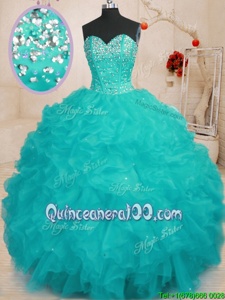 Pretty Aqua Blue Sleeveless Beading and Ruffles Floor Length Vestidos de Quinceanera