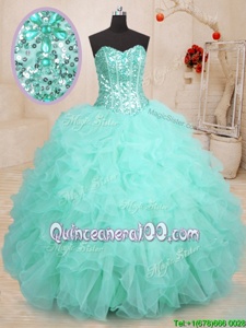 Stylish Sweetheart Sleeveless Quinceanera Dresses Floor Length Beading and Ruffles Apple Green Organza