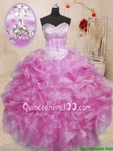 Nice Lilac Sleeveless Floor Length Beading and Ruffles Lace Up Quince Ball Gowns