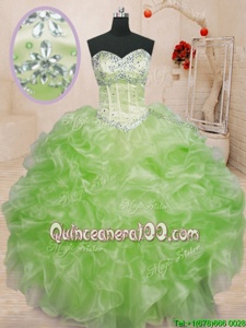 Suitable Spring Green Ball Gowns Beading and Ruffles Quinceanera Dresses Lace Up Organza Sleeveless Floor Length