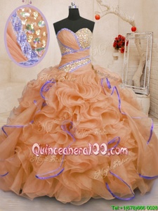 Sexy Orange Sweetheart Lace Up Beading and Ruffles Sweet 16 Dresses Brush Train Sleeveless