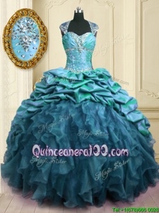 Noble Spring and Summer and Fall and Winter Organza and Taffeta Cap Sleeves With Train 15th Birthday Dress Brush Train andBeading and Ruffles and Pick Ups