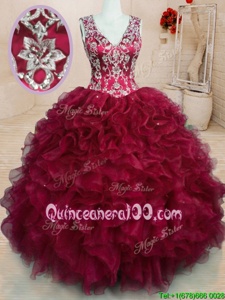 Vintage V-neck Sleeveless Organza Quinceanera Dress Beading and Embroidery and Ruffles Zipper