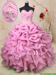 Smart Baby Pink Lace Up Sweetheart Beading and Ruffles and Pick Ups Ball Gown Prom Dress Organza Sleeveless